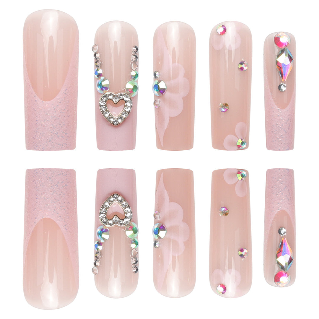 Decorative Long Press-On Nail Set with Floral and Gem Details Kalsten