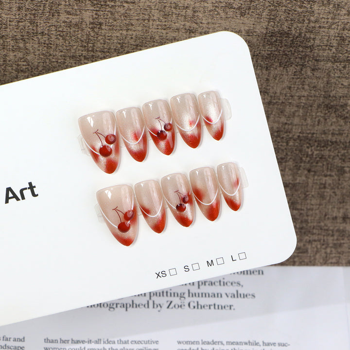 Artistic Cherry-Embellished Press-On Nail Art Set Kalsten