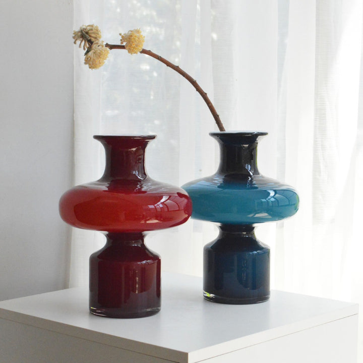 Studio-Blown Mushroom-Profile Art Glass Accent Vase with Stacked Silhouette Kalsten