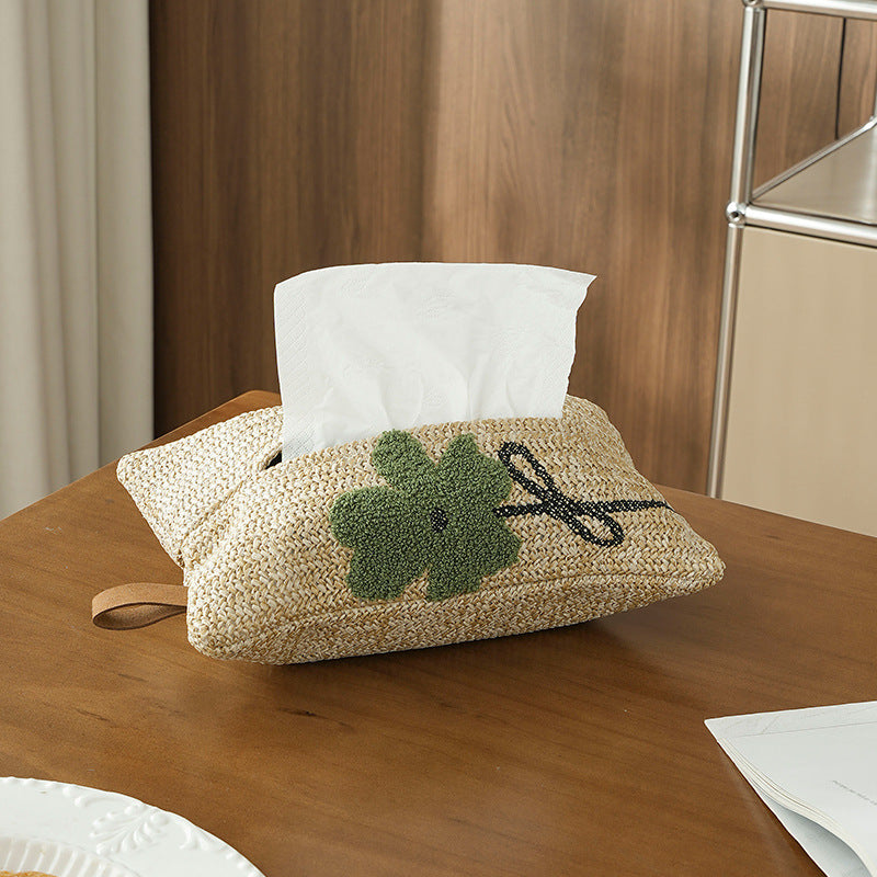 Woven tissue box cover in straw look with embroidered flower motif Kalsten