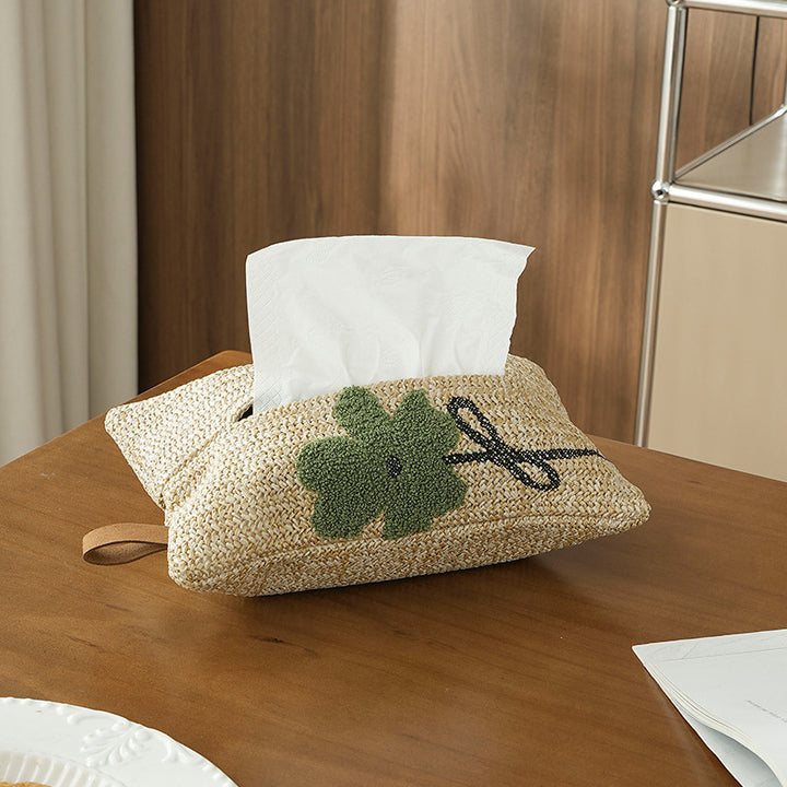 Woven tissue box cover in straw look with embroidered flower motif Kalsten