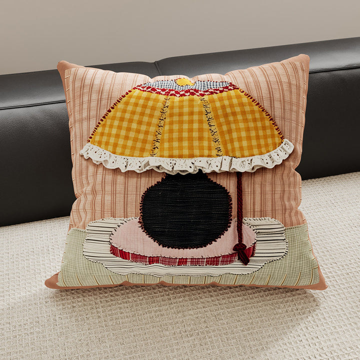 Decorative Gingham Embroidered Pear Appliqué Throw Pillow Cover