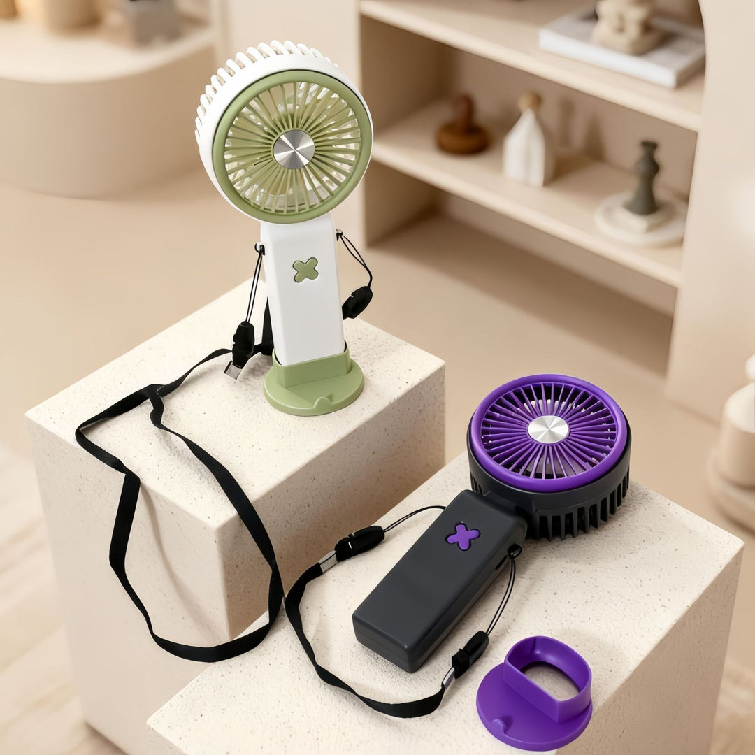 Unisex compact portable USB desk fan with rechargeable battery, adjustable tilt head and carrying strap Kalsten