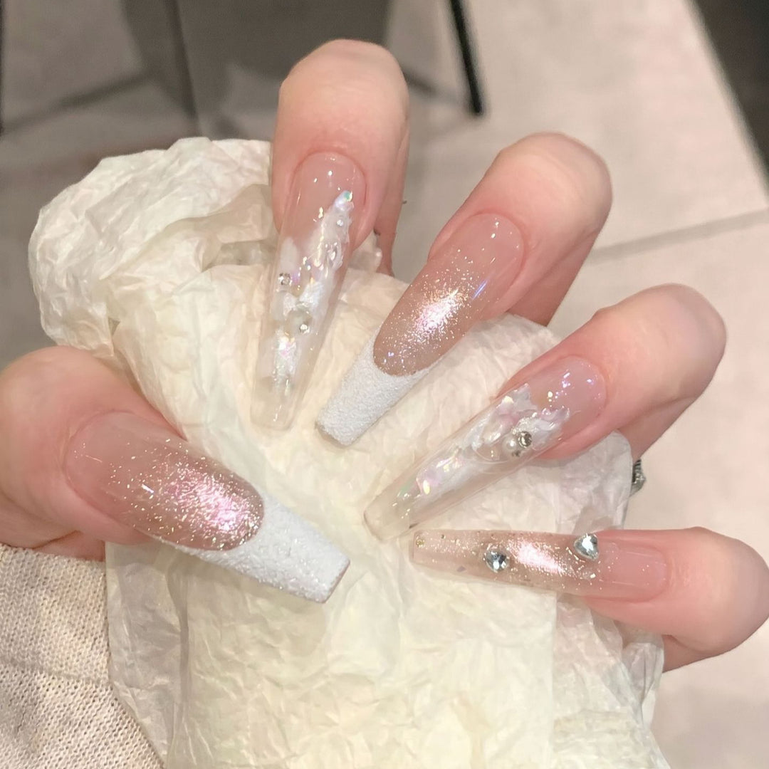 Elegant Press-On Nail Set with Floral and Gemstone Accents Kalsten