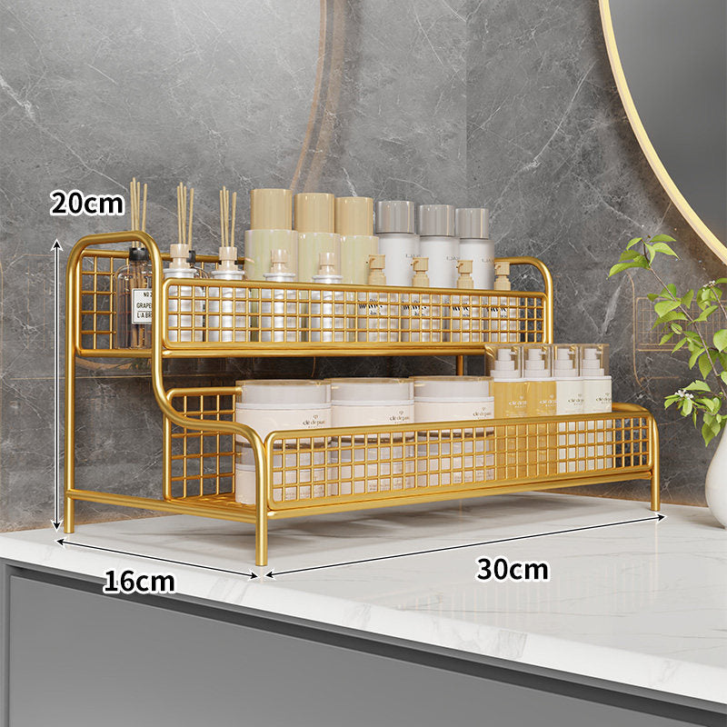 Two-Tier Mesh Countertop Organizer Rack for Bathroom Vanity and Kitchen Spice Storage