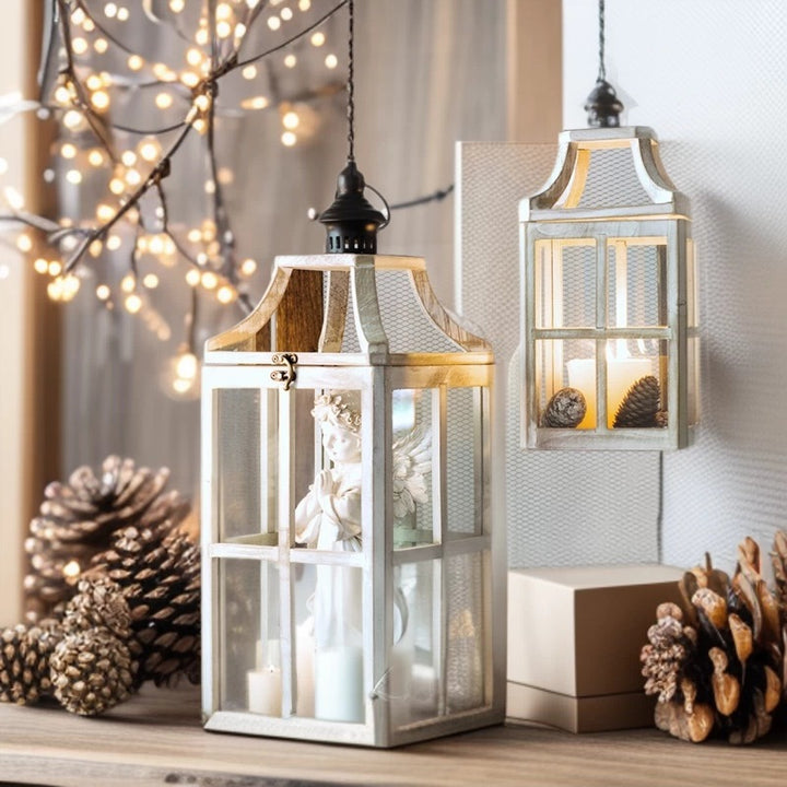 Rustic Windowpane Glass and Wood Candle Lantern with Hinged Door Kalsten