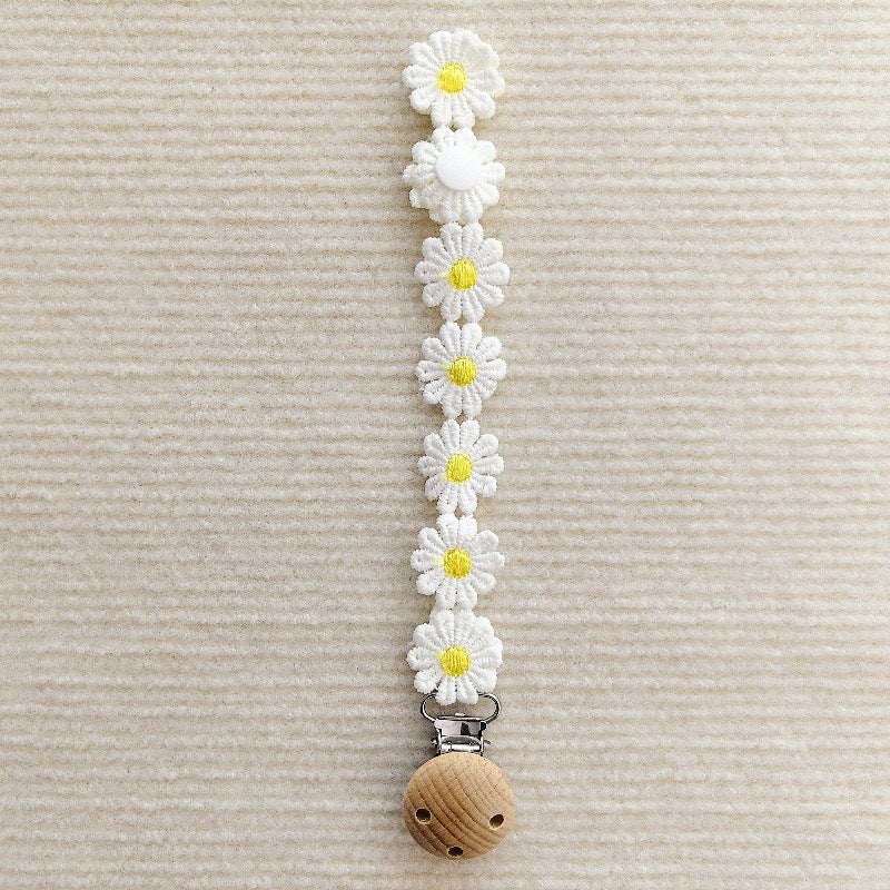 Floral Crochet Pacifier Holder with Wooden Safety Clip