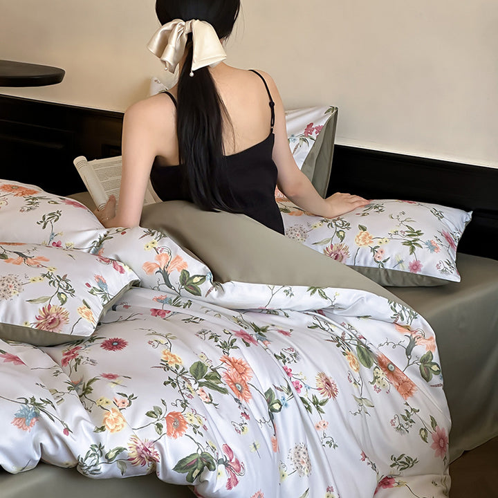Reversible Premium Satin Bedding Set with Botanical Watercolor Print and Extra Soft Touch