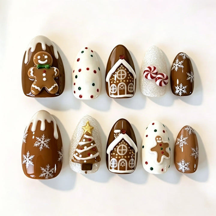 Festive Gingerbread-Themed Press-On Nail Art Set Kalsten