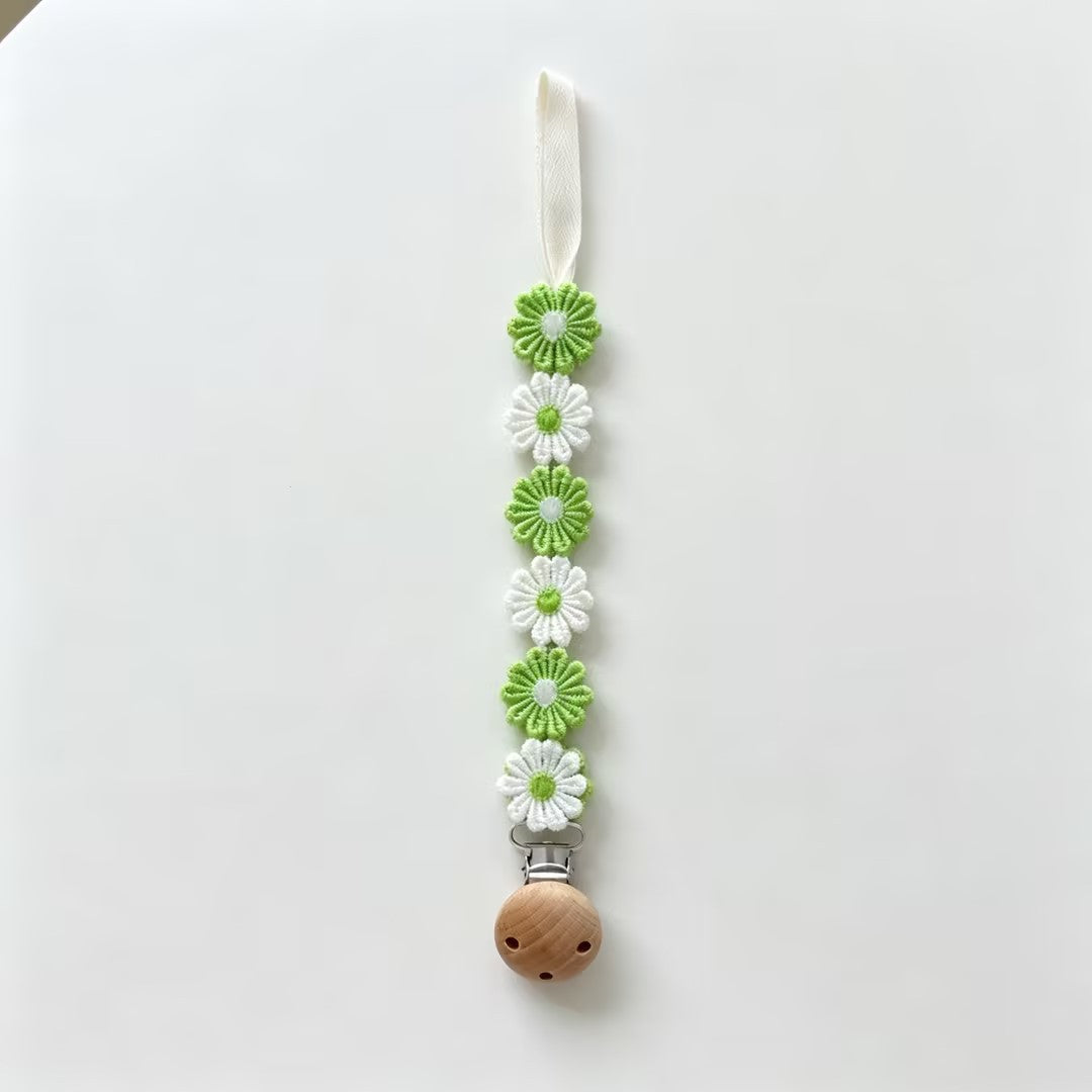 Crochet Floral Pacifier Clip with Wooden Bead Clip