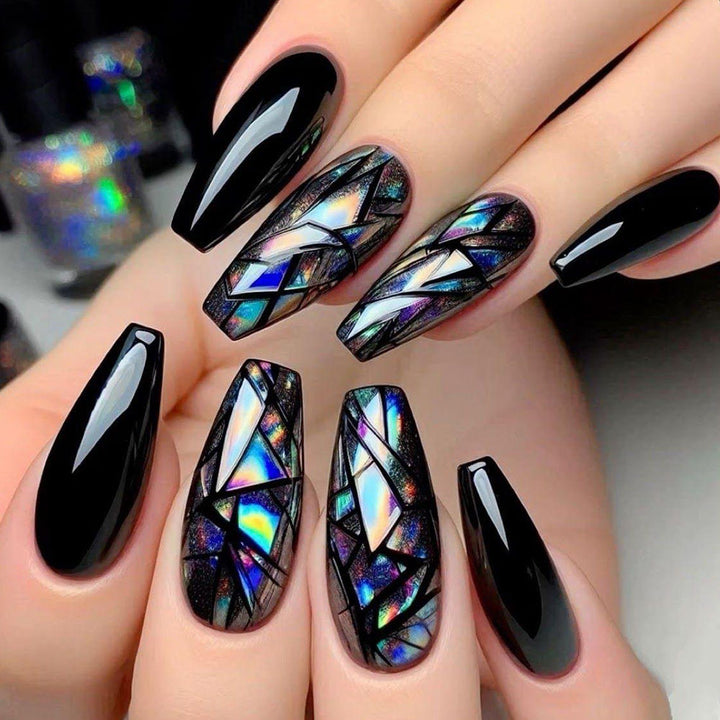 Trendy artificial nails with holographic geometric patterns Kalsten