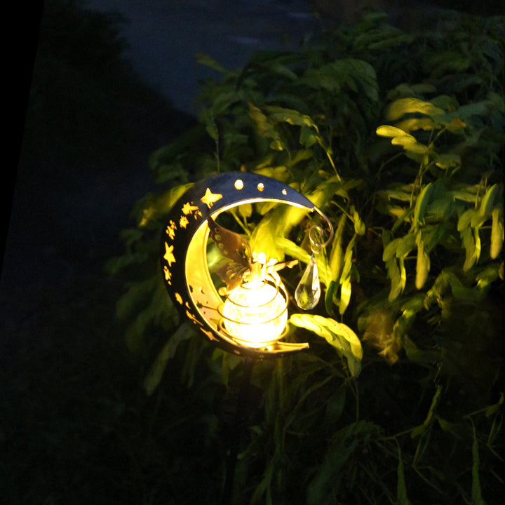 Crescent Moon Solar Garden Stake Light With Rotating Crackle Glass Orb And Butterfly Accent Kalsten
