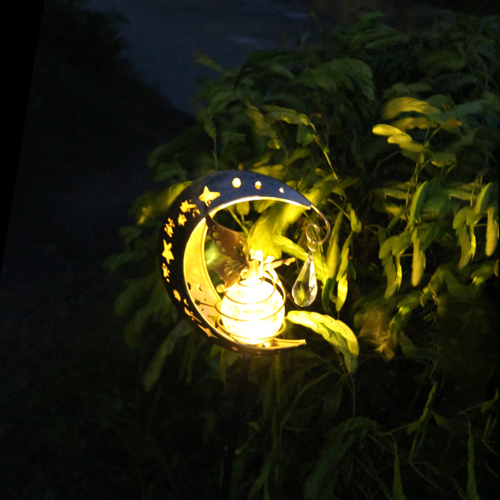 Decorative Crescent Moon Solar Garden Stake Lamp With Hanging Crystal Orb And Butterfly Kalsten