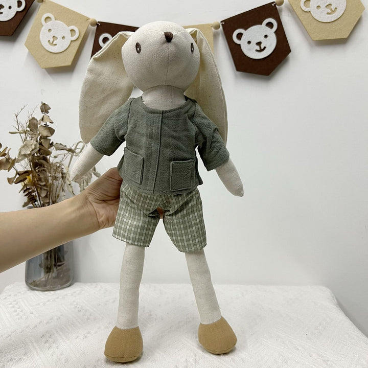 Plush Linen Bunny Doll with Long Ears Bow Tie and Removable Check Overalls