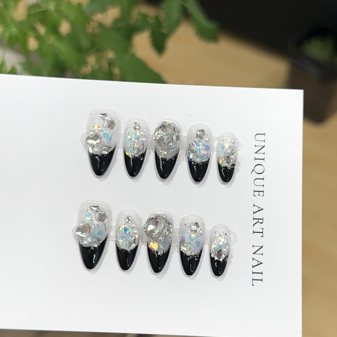 Stiletto Press-On Nail Art Set with Gemstone Accents