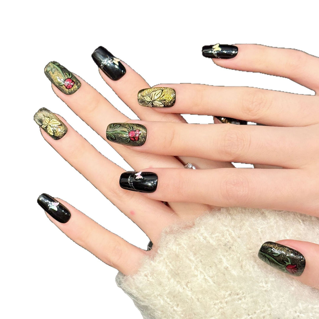 Artistic Floral Press-On Nail Set with Glitter Accents