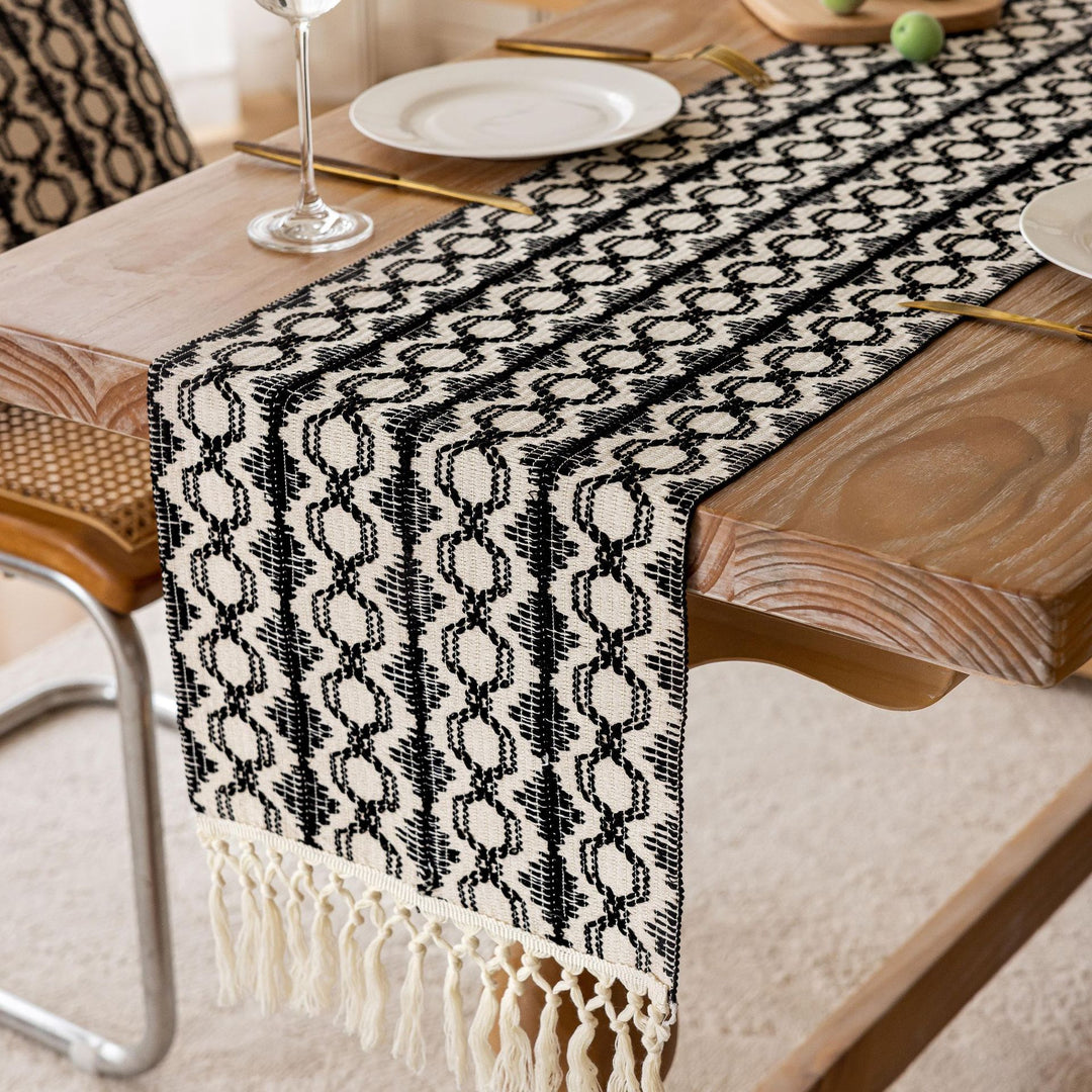 Handwoven Bohemian Cotton Table Runner with Fringe Tassels and Geometric Embroidery