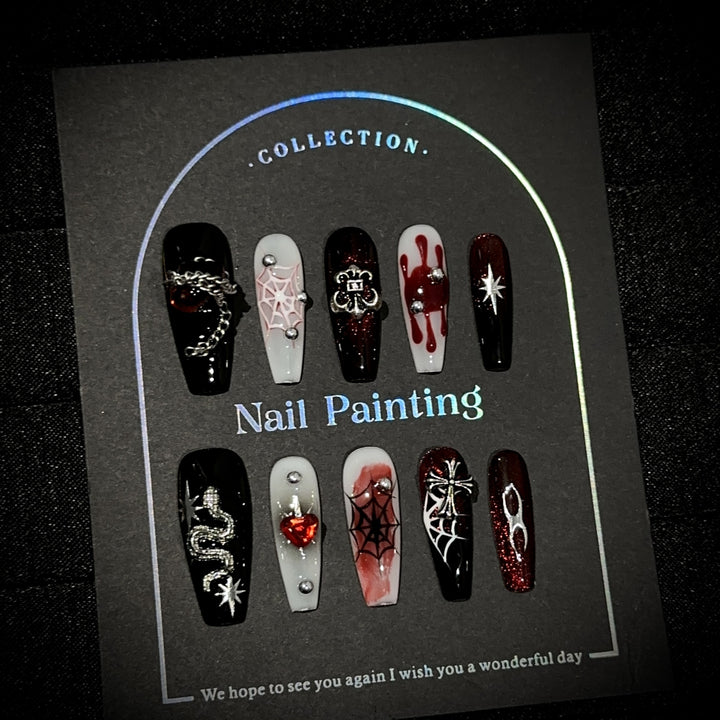 Gothic-Inspired Press-On Nail Art Set with 3D Embellishments