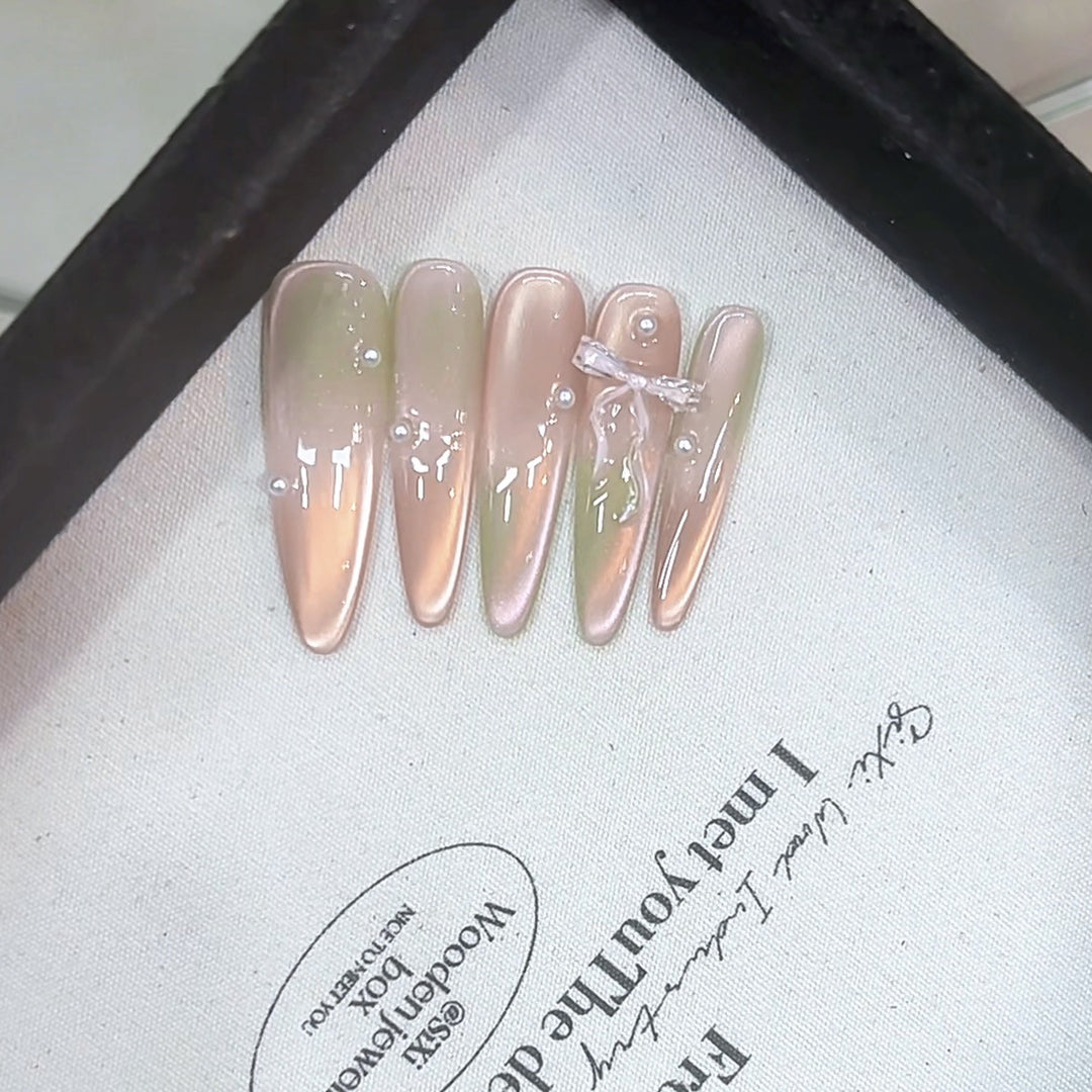 Premium Decorative Press-On Nail Set with Pearls and Bow Kalsten