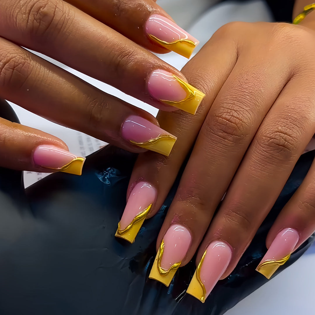 Elegant Acrylic French Tip Press-On Nails with Gold Detailing Kalsten
