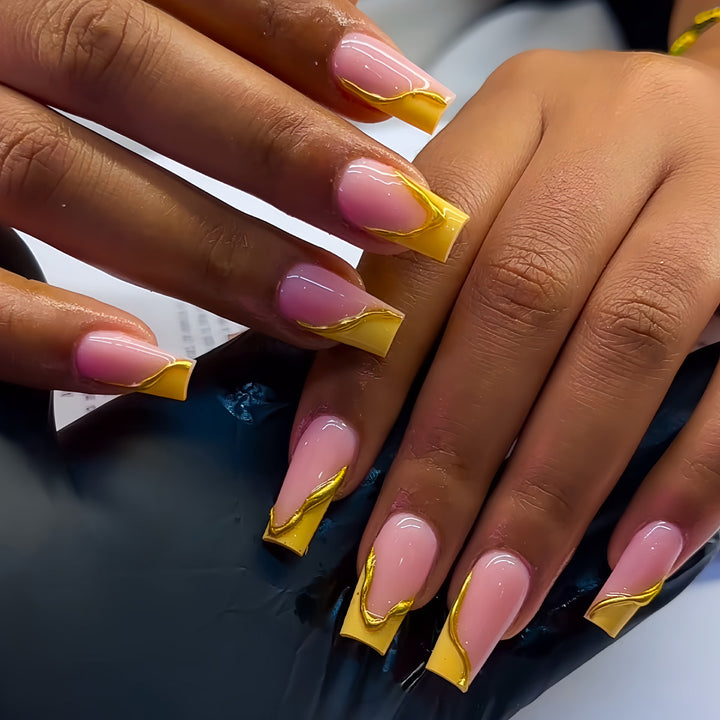 Elegant Acrylic French Tip Press-On Nails with Gold Detailing Kalsten