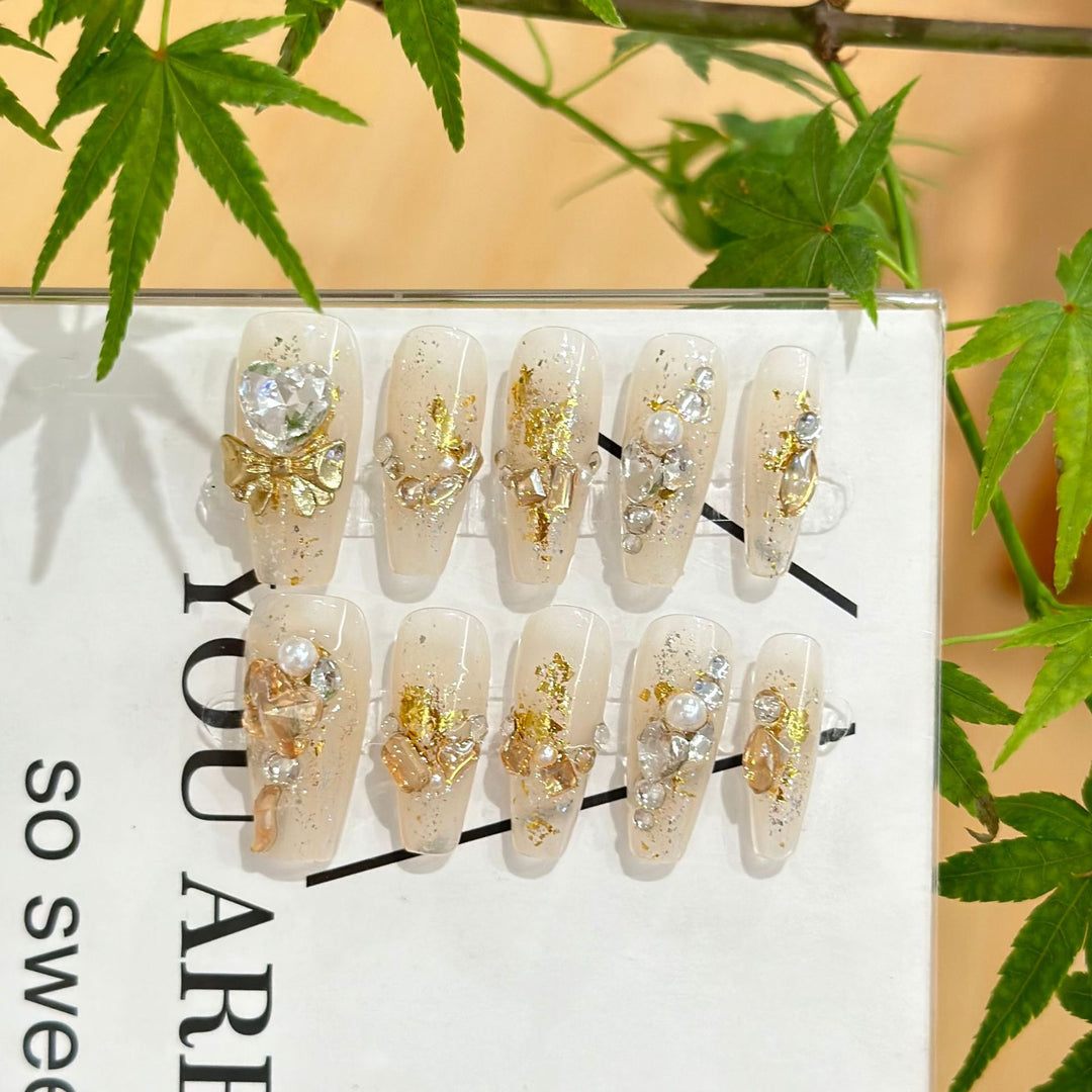 Decorative Press-On Nail Art Set with Gemstone and Bow Accents