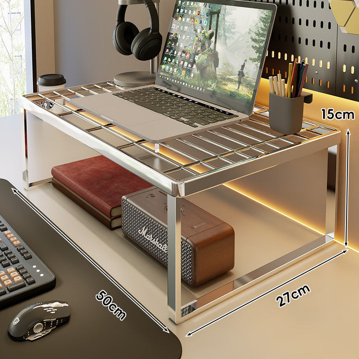 Ventilated Metal Desk Riser Shelf with Open Grid Surface and Under-Storage