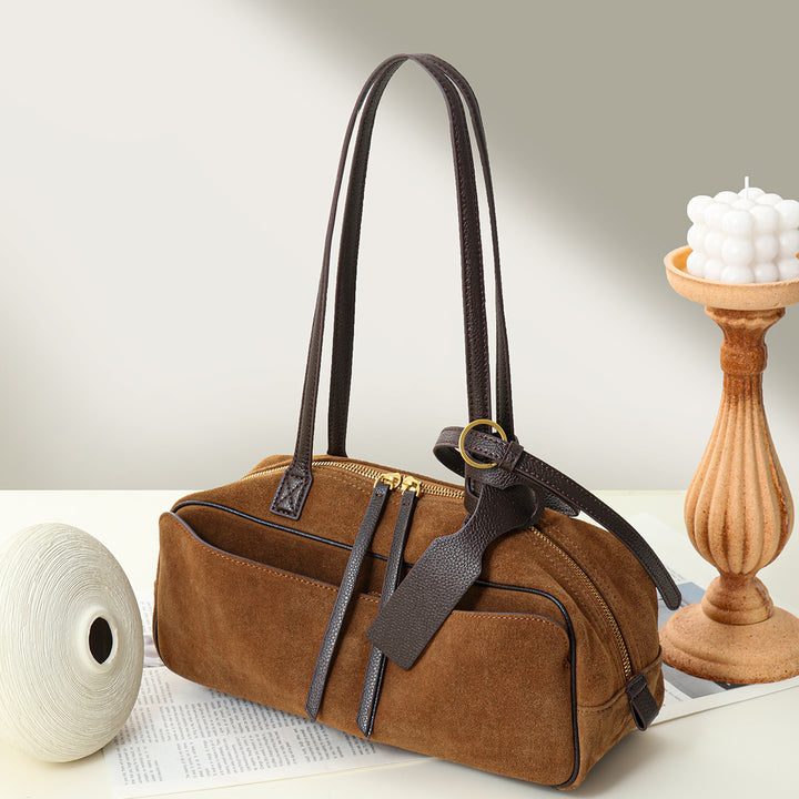 Suede Barrel Shoulder Bag with Top-Zip, Front Slip Pocket & Leather Trim