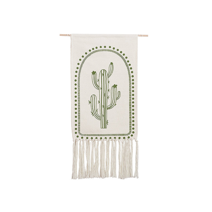 Woven wall hanging with hand-drawn mushroom motif and long cotton fringes Kalsten