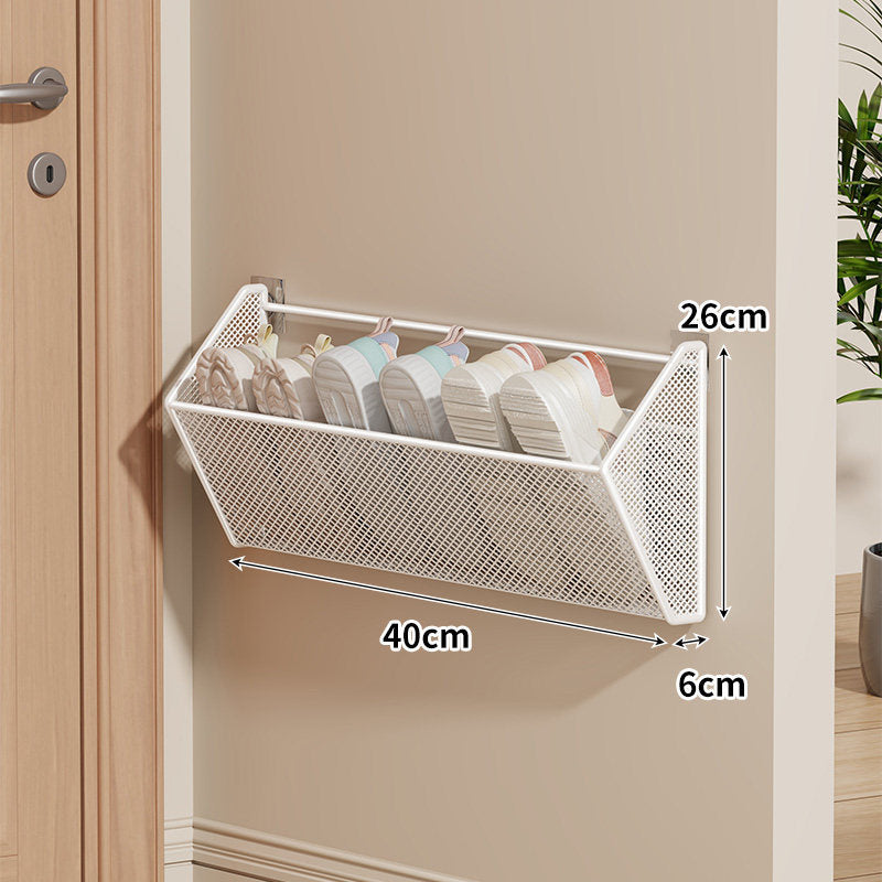 Wall-Mounted Mesh Shoe Basket Organizer with Tilted Slipper Rack