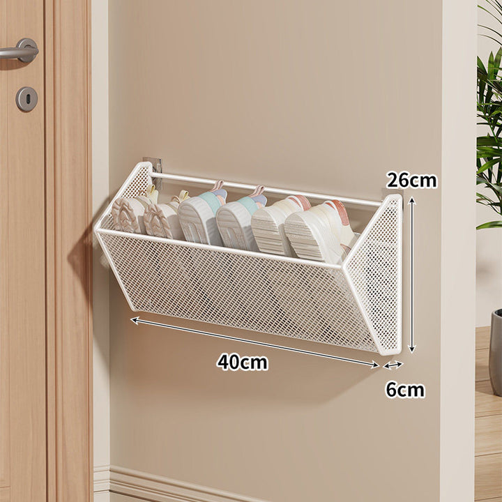 Wall-Mounted Mesh Shoe Basket Organizer with Tilted Slipper Rack