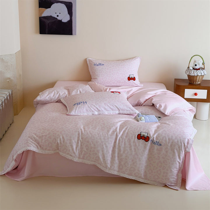 Bedding set made of cotton satin with delicate stripes and embroidered cherry motif
