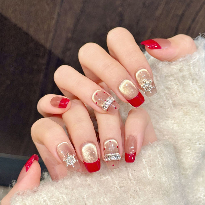 Artistic Press-On Nail Set with Rhinestone Accents