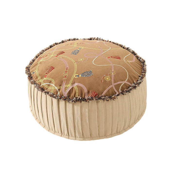 Beef hand-woven pouf with floral print and padded seat surface
