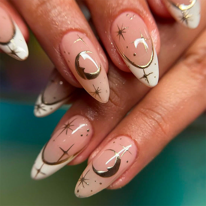 Artistic Press-On Nail Set with Geometric Moon and Star Designs kalsten