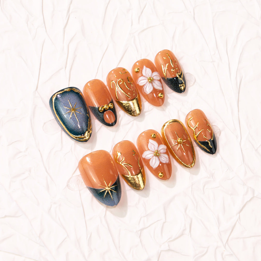 Artistic Floral Press-On Nail Art with Gold Accents Kalsten