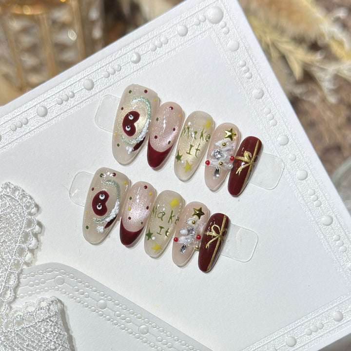 Festive Press-On Nail Art Set with Holiday Designs Kalsten