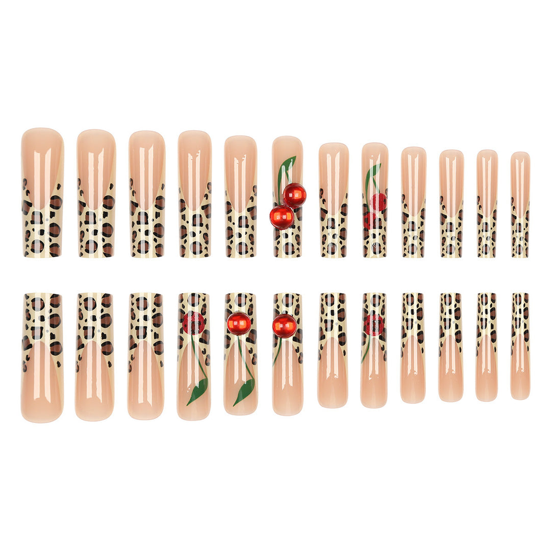 Animal Print Stiletto Press-On Nails with Cherry Design Kalsten
