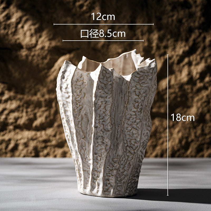 Decorative Ceramic Sculptural Vase with Textured Edge with Ruffled Rim