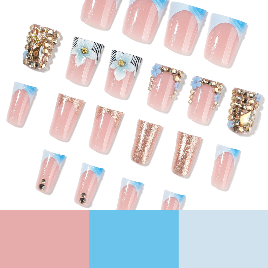 Artful Nail Extensions with Floral Design and Glitter Kalsten