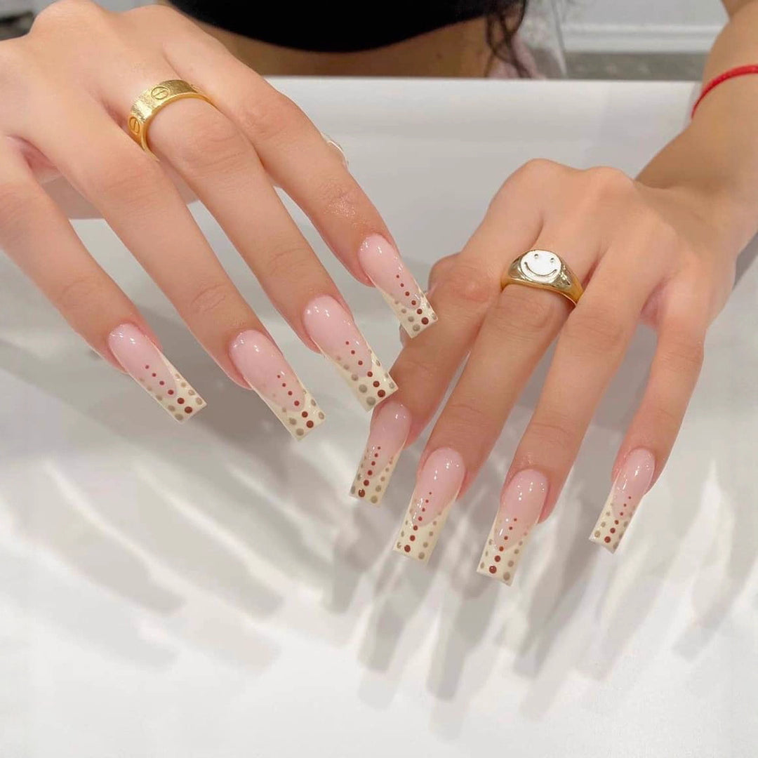 Artistic Nail Extensions with Elegant Dots and Shimmering Ombré Kalsten