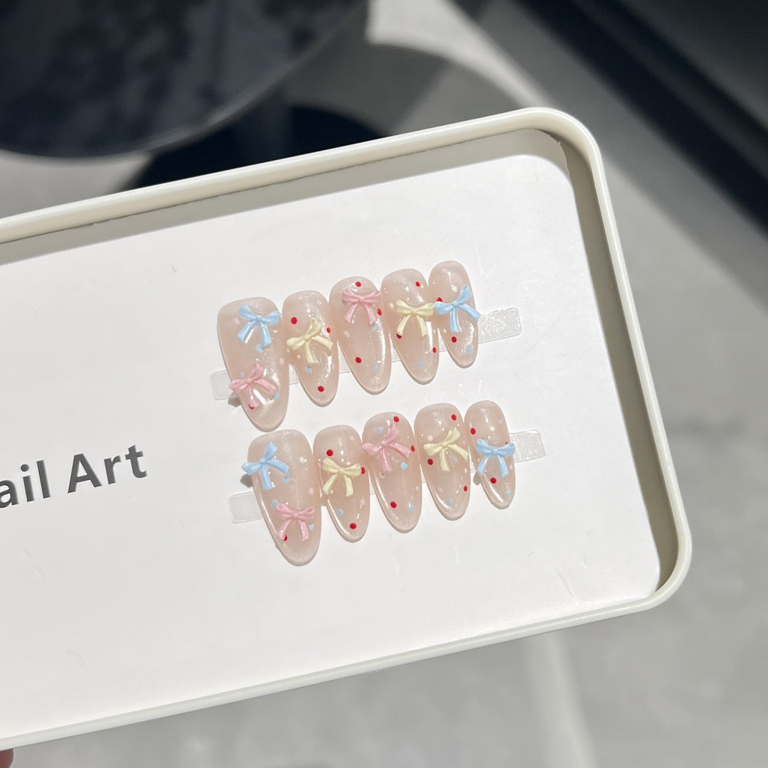 Decorative Press-On Nail Set with Charming Bow and Dots Kalsten