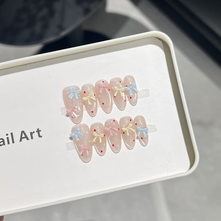 Decorative Press-On Nail Set with Charming Bow and Dots Kalsten
