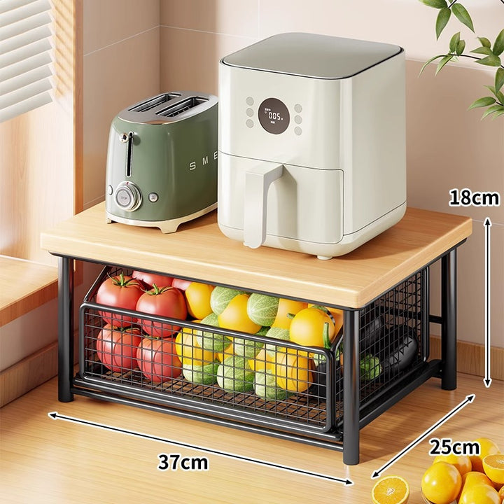 Countertop Bamboo-Top Metal Mesh Sliding Storage Shelf with Pull-Out Basket