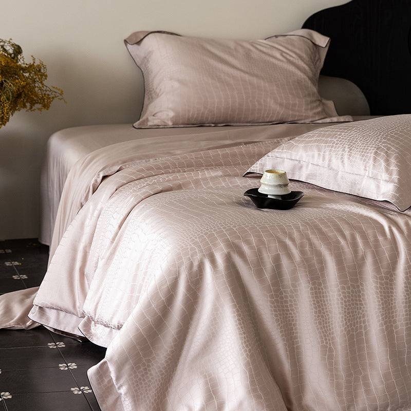 Fine jacquard satin bedding set with tone-on-tone pattern and concealed zipper
