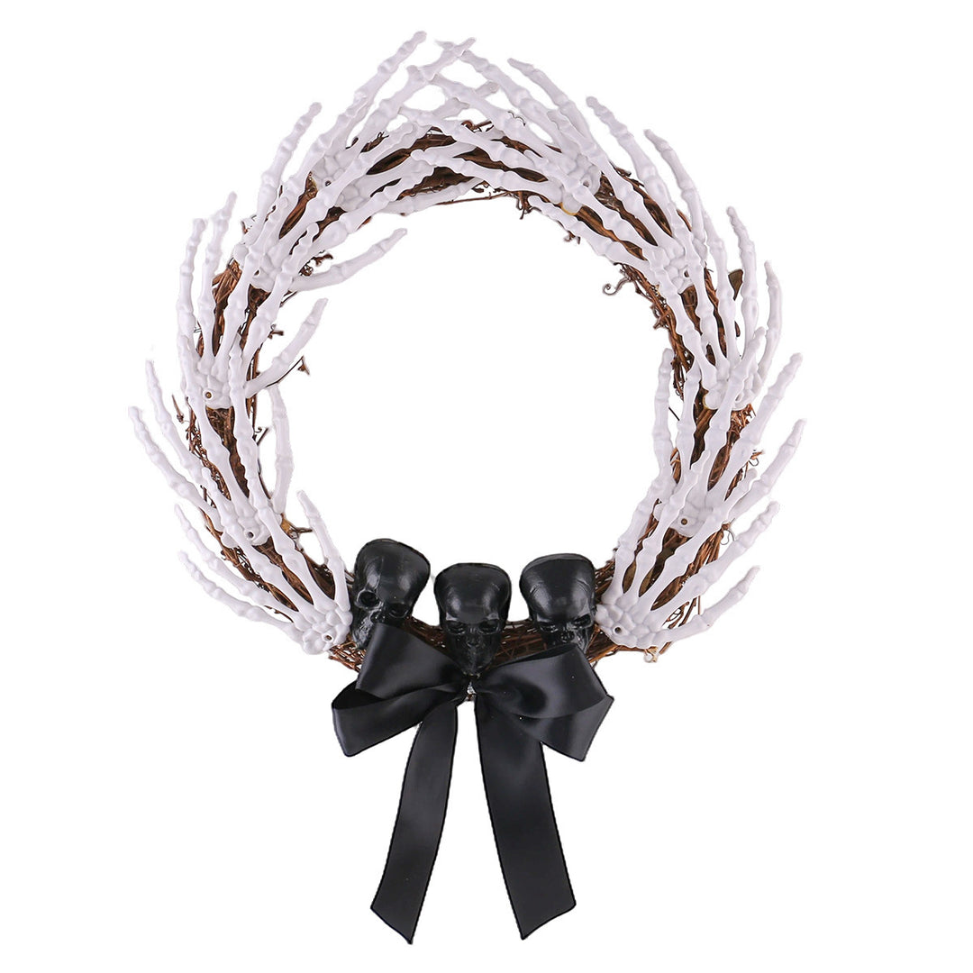 Creepy Halloween Door Wreath with Skeleton Hands, Three Skulls and Satin Ribbon