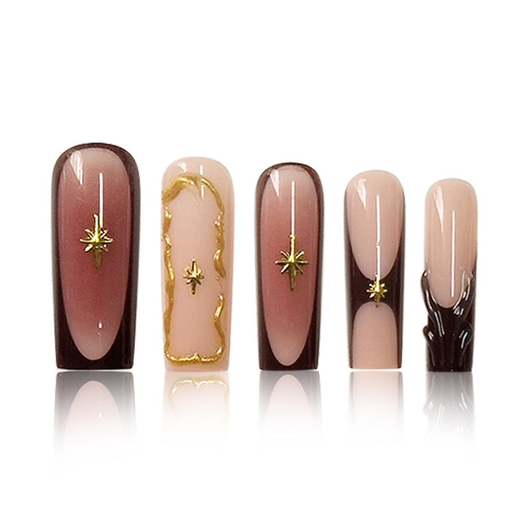 Artistic Long Press-On Nail Art Extensions with Gold Detailing Kalsten