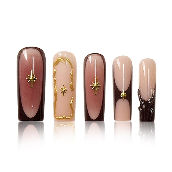 Artistic Long Press-On Nail Art Extensions with Gold Detailing Kalsten