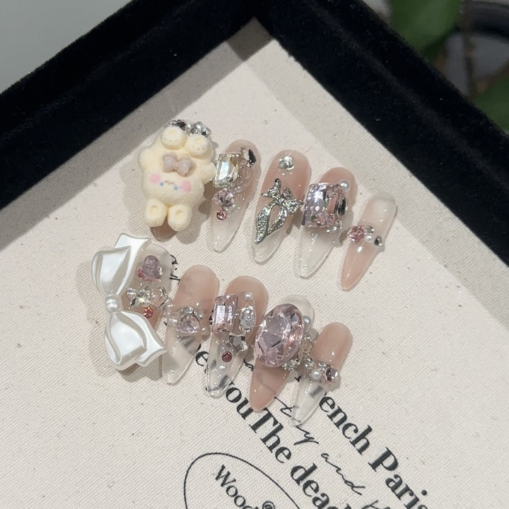 Artistic Press-On Nail Set with Unique 3D Charms