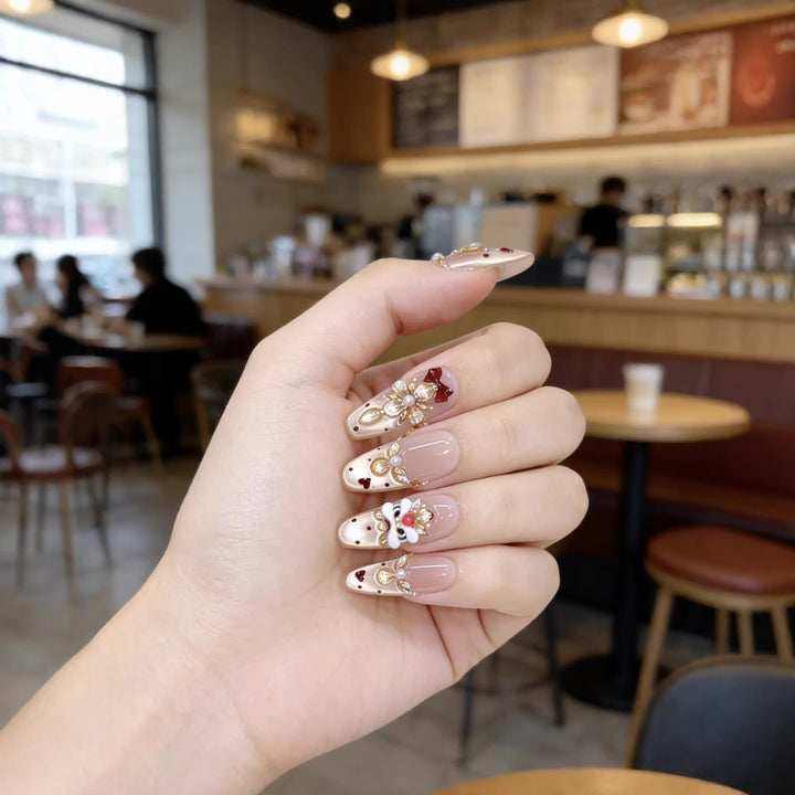 Decorative Press-On Nail Art Set with Heart and Gem Accents Kalsten